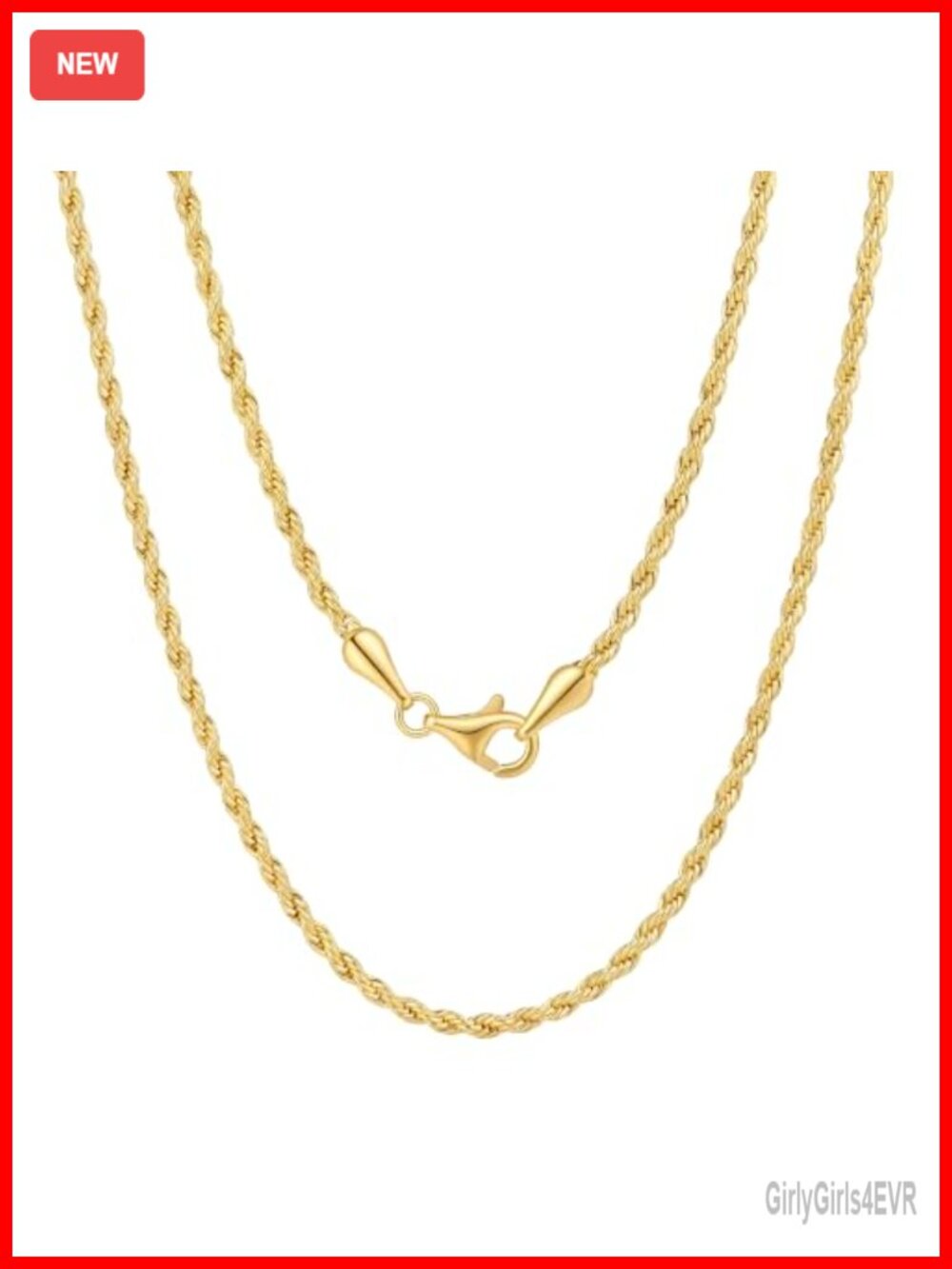 14K Gold Plated Rope Chain Necklace 2mm Lobster Clasp 22in